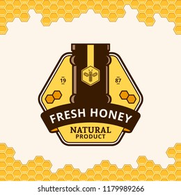 Vector honey logo with jar and honeycomb pattern on a background.