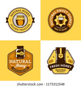 Vector honey logo and jar icons for honey products, apiary and beekeeping branding and identity.