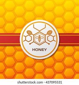 Vector honey logo, label design elements. Honeycombs texture background with ribbon and round label. Linear bee and honey dipper symbol. Template for honey package, tag or wrapping. 