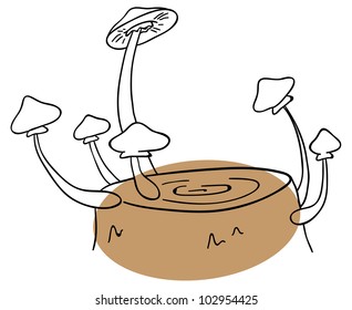 Vector honey mushrooms on a tree stump