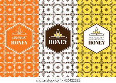 Vector honey packaging template with seamless ornamental patterns. Organic, natural and farm honey package. Labels and tags for honey packaging or wrapping design with ornament.
