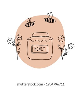 Vector honey pot with flowers and bees. Linear hand drawn illustration with bright spot is perfect for honey design, beekeeper brand identity, floral logo, icon, label, card, sticker, poster