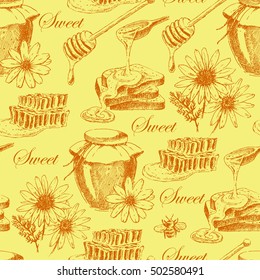 vector honey seamless background. hand drawn honey jar, spoon, stick, cells, camomile. ink sketch of organic nature product