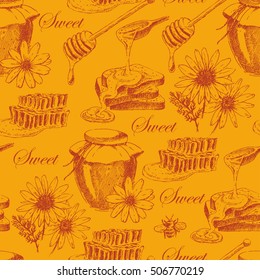 vector honey seamless background. hand drawn honey jar, spoon, stick, cells, chamomile. ink sketch of organic nature product