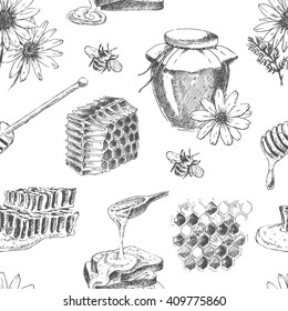 vector honey seamless pattern. honey hand drawn elements - camomile, bee, spoon, jar, cells