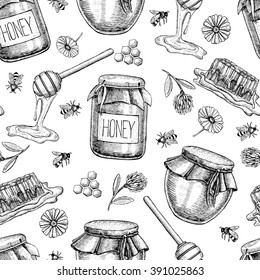 Vector Honey Seamless Pattern. Vintage Hand Drawn Background. Engraved Organic Food