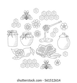 Vector honey set with honeybee, jar, honeycomb and dipper stick, isolated on white background. Hand drawn doodle style illustration.