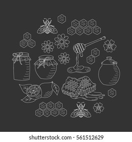 Vector honey set with honeybee, jar, honeycomb and dipper stick, isolated on black background. Hand drawn doodle style illustration.