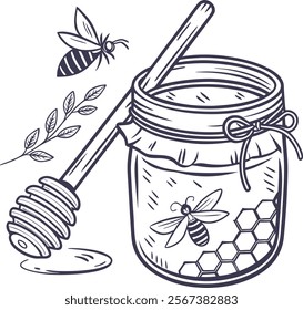 Vector honey set. Vintage hand drawn illustration. Engraved organic food