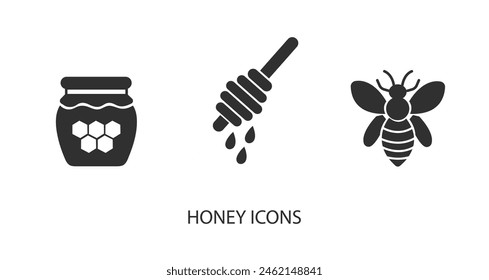 Vector honey stick icon, jar with honey icon, bee icon in solid, gradient and line styles. Trendy colors. Isolated on a white background. Editable stroke