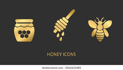 Vector honey stick icon, jar with honey icon, bee icon in solid golden gradient style. Trendy colors. Isolated on a white background. Editable stroke