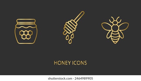 Vector honey stick icon, jar with honey icon, bee icon in solid golden line style. Trendy colors. Isolated on a white background. Editable stroke