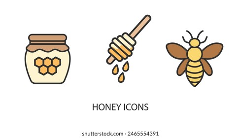 Vector honey stick icon, jar with honey icon, bee icon in solid, gradient and line styles. Trendy colors. Isolated on a white background. Editable stroke