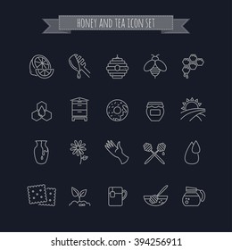 vector honey and tea thin line icon set on a black background for your design