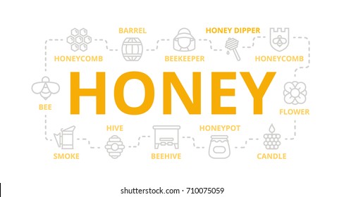 Vector honey thin line banner for design concept. Illustration for presentations on white background
