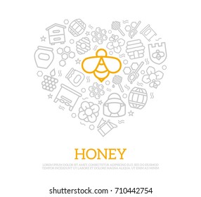 Vector honey thin line icons in heart shape design concept. Illustration for presentations on white background