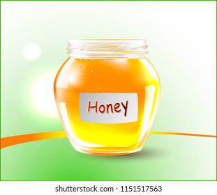 Vector Honey in a Transparent Glass Jar on a white background.
A realistic image of honey for companies selling beekeeping products.Healthy organic food concept.