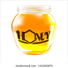 Vector honey in a transparent glass jar.Label, sticker, logo, leaflet for selling honey, bee products.