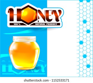 Vector honey in a transparent glass jar.Label, sticker, logo, leaflet for selling honey, bee products.