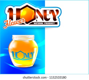 Vector honey in a transparent glass jar.Label, sticker, logo, leaflet for selling honey, bee products.