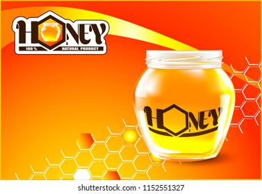 Vector honey in a transparent glass jar.Label, sticker, logo, leaflet for selling honey, bee products.
