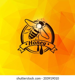 Vector honey triangles abstract background and bee on ribbon badge for your design