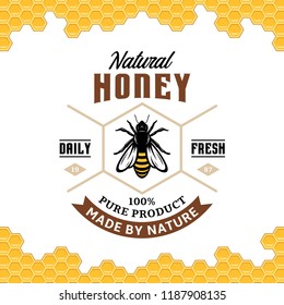 Vector honey vintage logo with bee and honeycomb pattern on a background. Honey products, apiary and beekeeping branding and identity.