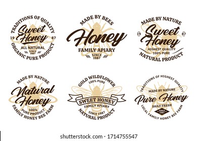 Vector honey vintage logo with bee icons for honey products, apiary and beekeeping branding and identity