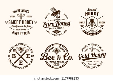 Vector honey vintage logo and icons for honey products, apiary and beekeeping branding and identity.