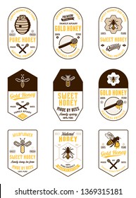 Vector honey vintage logo and icons for honey products, apiary and beekeeping branding and identity.