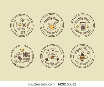 Vector honey vintage logo and icons for honey products, apiary and beekeeping branding and identity. Healthy honey, 100% natural product