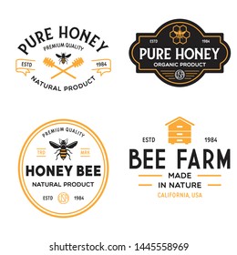 Vector honey vintage logo and icons for honey products, apiary and beekeeping branding and identity. Isolated illustration.