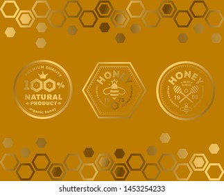 Logotipo vectorial de miel e íconos para productos de miel, colmenas y apicultura e identidad. Peines de oro. Productos de primera calidad con distintivos y etiquetas de oro de lujo. Sellos de miel de primera calidad.