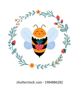 Vector honeybee in cartoon style. Sweet bumblebee. Cute nursery print with bee, flowers and leaves in wreath. Baby insect character and floral elements. Isolated on white background. 