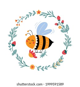 Vector honeybee in cartoon style. Sweet bumblebee. Cute nursery print with bee, flowers and leaves in wreath. Baby insect character and floral elements. Isolated on white background. 