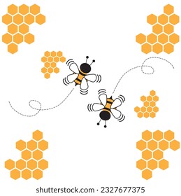 Colmena de abejorro vectorial con celdas de rejilla hexagonal y logotipo de dibujos animados de abejas sobre ilustración vectorial de fondo blanco. ejemplo de diseño premium eps10
