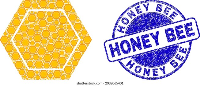 El collage de iconos de las celdas de abeja vectorial se forma a partir de iconos de las celdas de abeja recursivas aleatorias. La imitación de la junta redonda azul de goma de la miel Bee. Mosaico recursivo del icono de la celda de honeycomb.