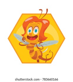 Vector honeycomb frame with cartoon image of a funny yellow-brown striped female bee with red hair flying and happily smiling on a white background. Beehive, honey, honeycomb. Positive character.