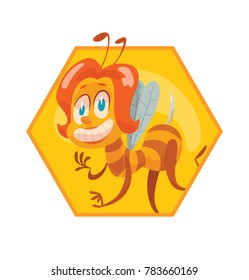 Vector honeycomb frame with cartoon image of a funny yellow-brown striped female bee with red hair flying and smiling on a white background. Beehive, honey, honeycomb. Positive character. 