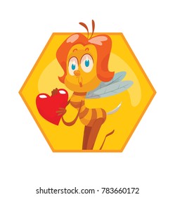 Vector honeycomb frame with cartoon image of a funny yellow-brown striped female bee with red hair flying with a red heart in hands on a white background. Beehive, honey, honeycomb. Positive character