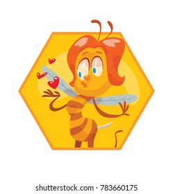 Vector honeycomb frame with cartoon image of a funny yellow-brown striped female bee with red hair flying and blowing kisses on a white background. Beehive, honey, honeycomb. Positive character. 