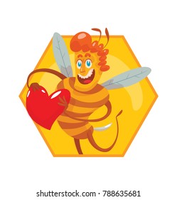 Vector honeycomb frame with cartoon image of a funny yellow-brown striped male bee with red hair with a red heart in his hands on a white background. Beehive, honey, honeycomb. Positive character.