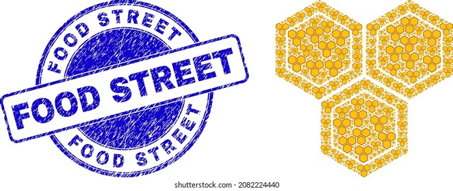 El collage de iconos de abeja vectorial se compone de elementos de peine de miel recursivos. Sello redondo azul sucio de Food Street. Combinación recursiva para el icono del peine de miel.