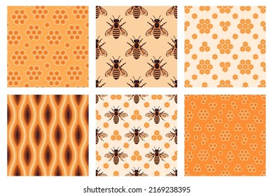 Vector honeycomb pattern set. Honey bee and honeycomb seamless pattern collection. Geometric background with hexagon mosaic.