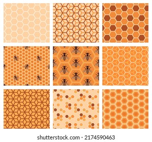 Vector honeycomb pattern set. Honey bee and honeycomb seamless pattern collection. Geometric background with hexagon mosaic.