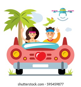 Vector Honeymoon on the retro car. Flat style colorful Cartoon illustration.