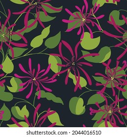 Vector honeysuckle hand drawn seamless dark pattern background.