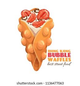 Vector Hong kong bubble waffle icon. Illustration dessert with strawberry and whipped cream for street cafe.