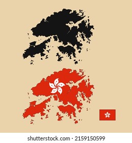 Vector of Hong Kong country outline map with flag set isolated on plain background. Silhouette of country map can be used for template, report, and infographic.