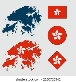 Vector of Hong Kong country outline silhouette with flag set isolated on white background. Collection of Hongkong flag icons with square, circle, rectangle and map shapes.